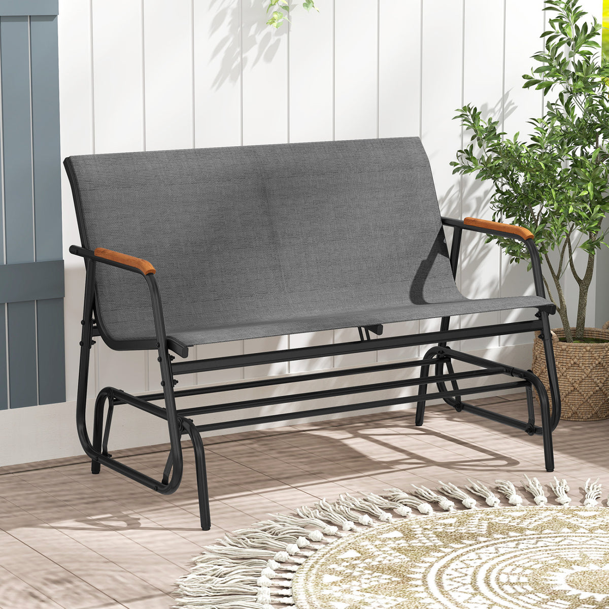 Patio Glider Bench with Curved Teak Armrests and Breathable Fabric Seat for 2 People
