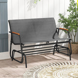 Patio Glider Bench with Curved Teak Armrests and Breathable Fabric Seat for 2 People