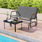 Patio Glider Bench with Curved Teak Armrests and Breathable Fabric Seat for 2 People