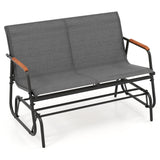 Patio Glider Bench with Curved Teak Armrests and Breathable Fabric Seat for 2 People