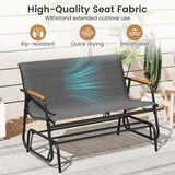 Patio Glider Bench with Curved Teak Armrests and Breathable Fabric Seat for 2 People