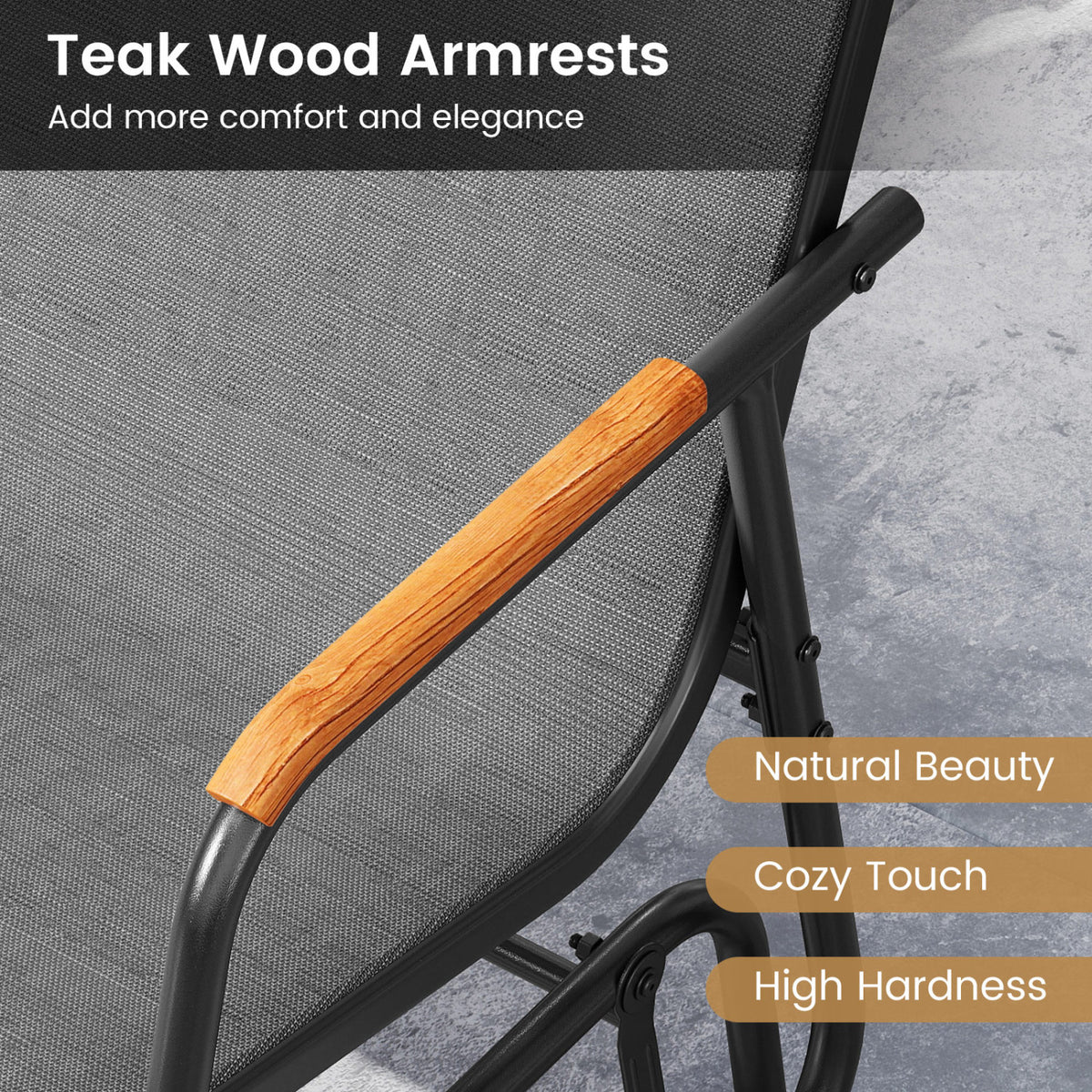 Patio Glider Bench with Curved Teak Armrests and Breathable Fabric Seat for 2 People
