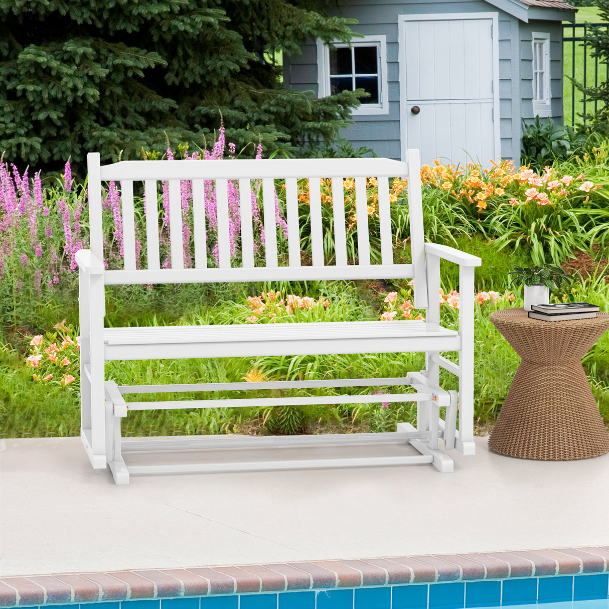 2 Seats Outdoor Glider Bench with Armrests and Slatted Seat