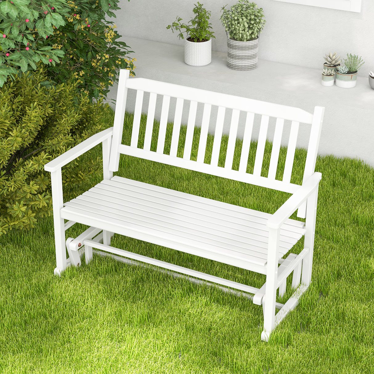 2 Seats Outdoor Glider Bench with Armrests and Slatted Seat
