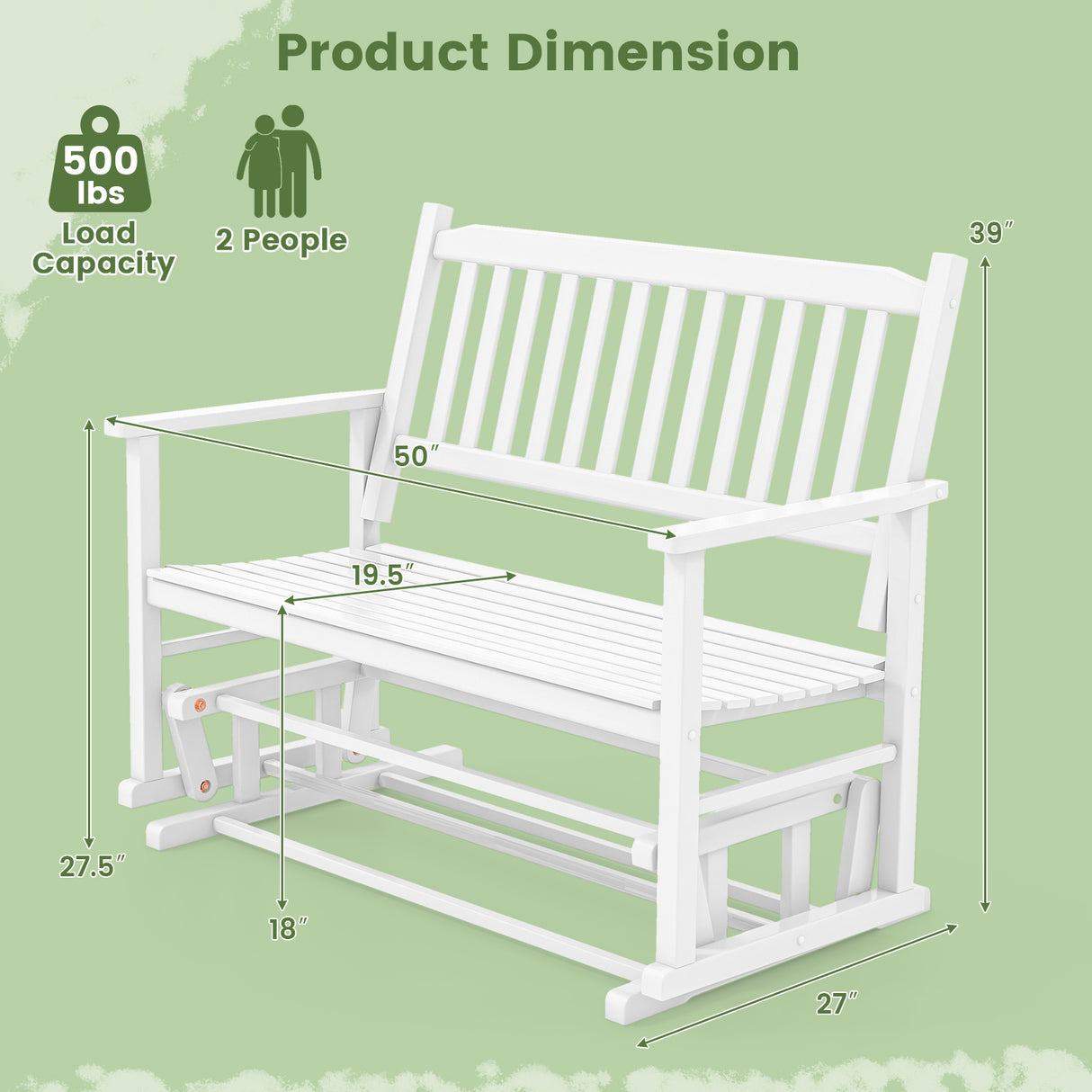 2 Seats Outdoor Glider Bench with Armrests and Slatted Seat