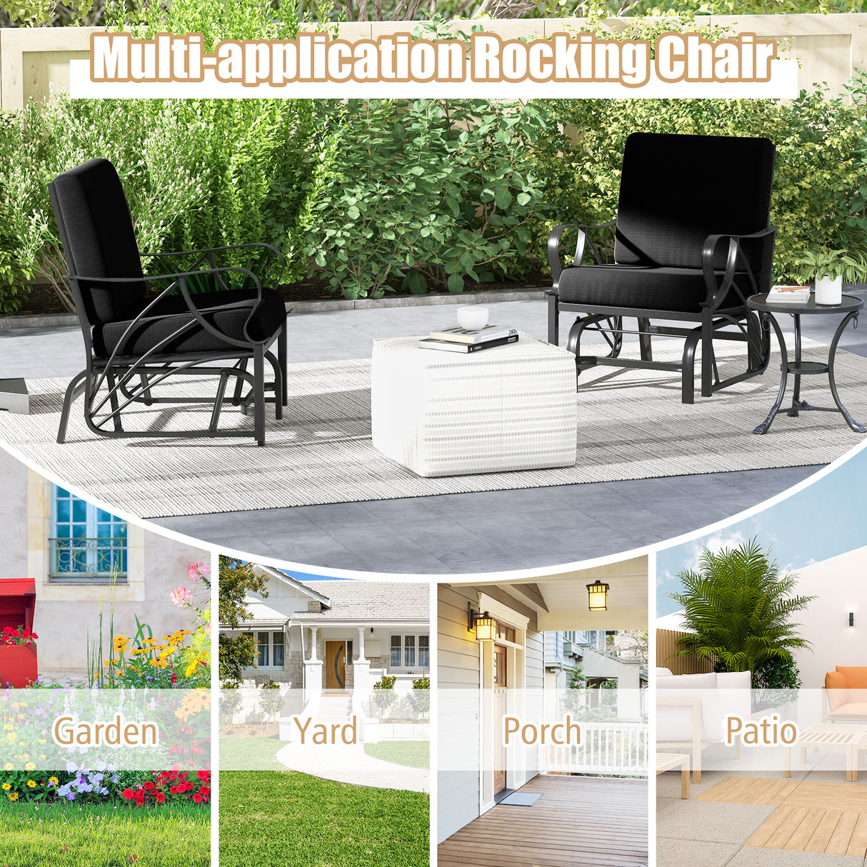 Patio Glider Rocking Chair with Thick Cushion and Curved Armrest