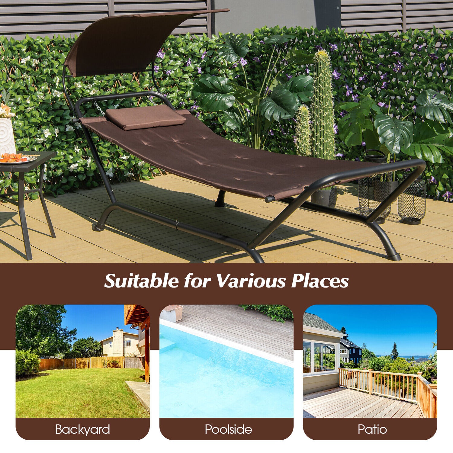 Patio Hanging Chaise Lounge Chair with Canopy Cushion Pillow and Storage Bag