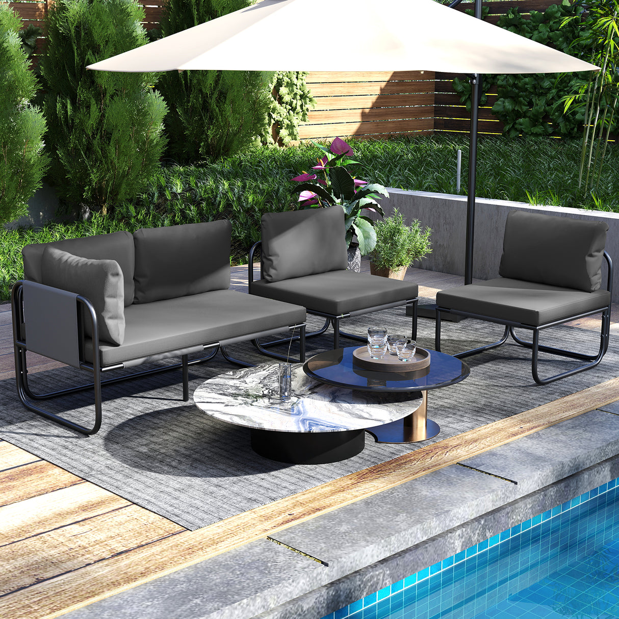 Patio Loveseat Sofa Couch with Removable Pillows and Seat Cushion-Gray
