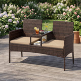 Patio Loveseat Wicker 2-Seat Conversation Set with Built-in Coffee Table-Brown