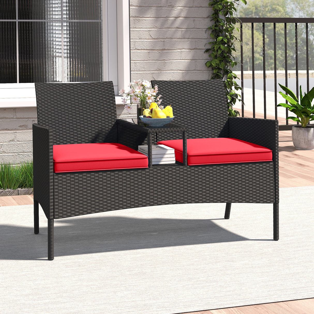 Patio Loveseat with Built-in Table for Backyard Porch