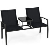 Patio Loveseat with Built-in Table with Breathable Fabric Back-Black