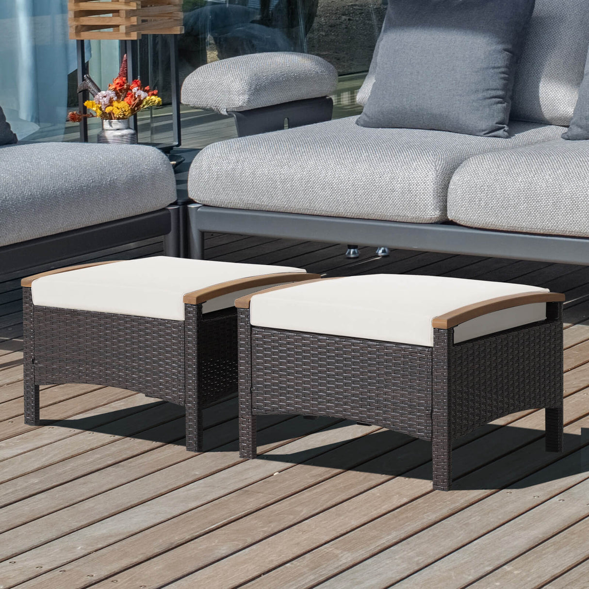 Set of 2 Fade-Resistant Wicker Patio Ottoman