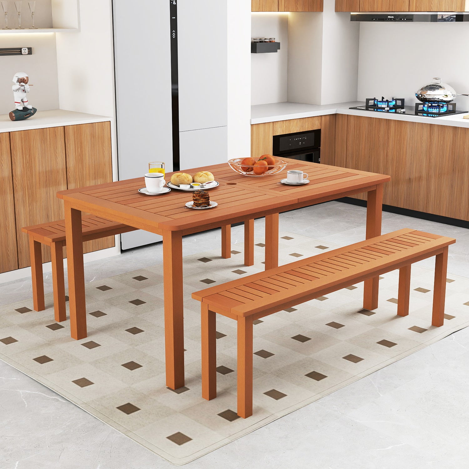 Patio Outdoor Solid Wood Dining Table with Umbrella Hole for 6