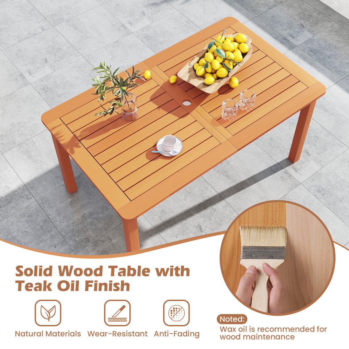 Patio Outdoor Solid Wood Dining Table with Umbrella Hole for 6