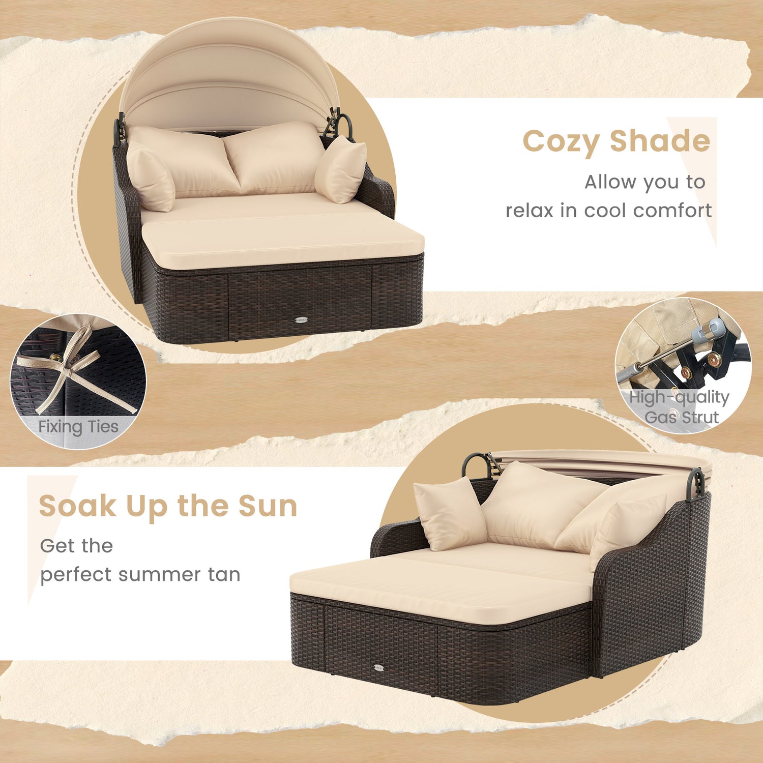 Patio PE Rattan Daybed with Retractable Canopy and Soft Cushions-Beige