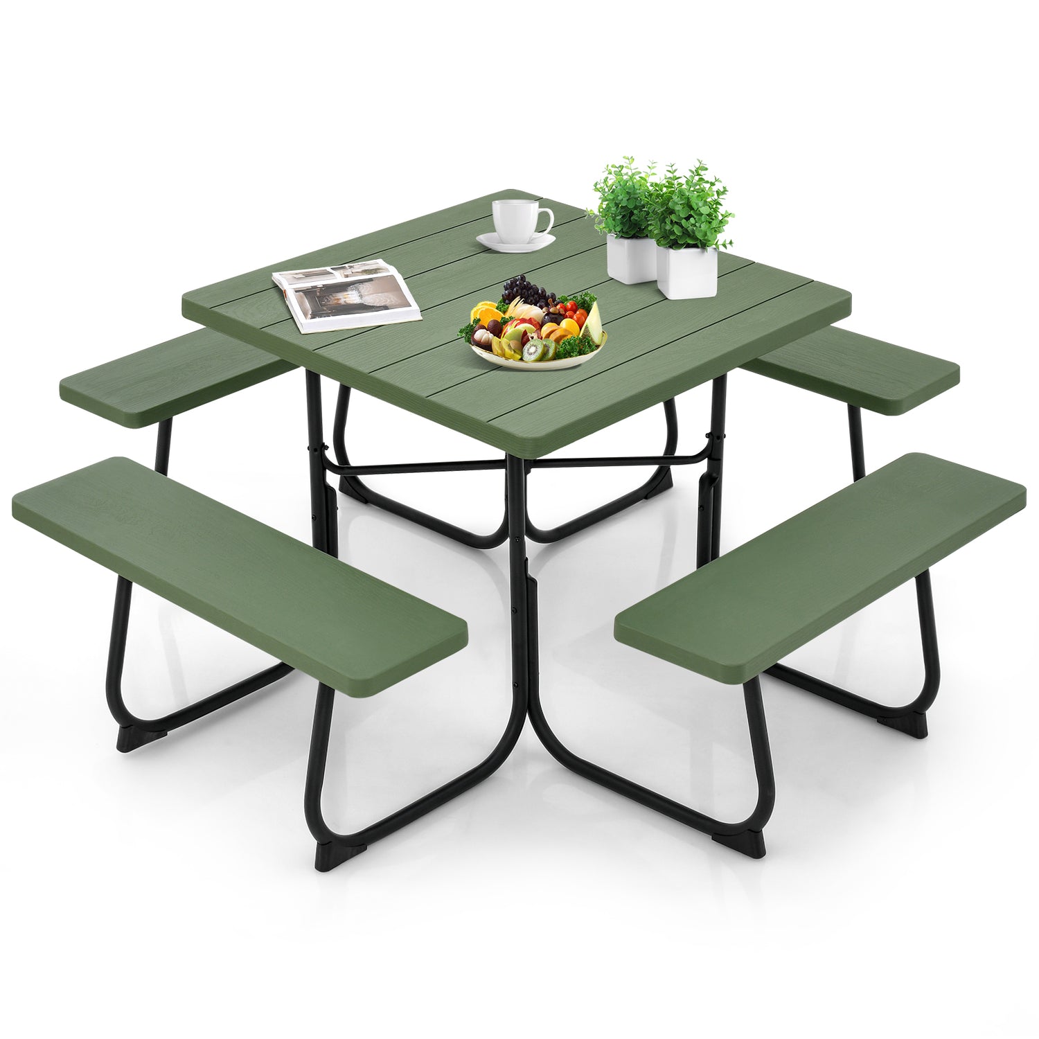 Outdoor Picnic Table with 4 Benches and Umbrella Hole