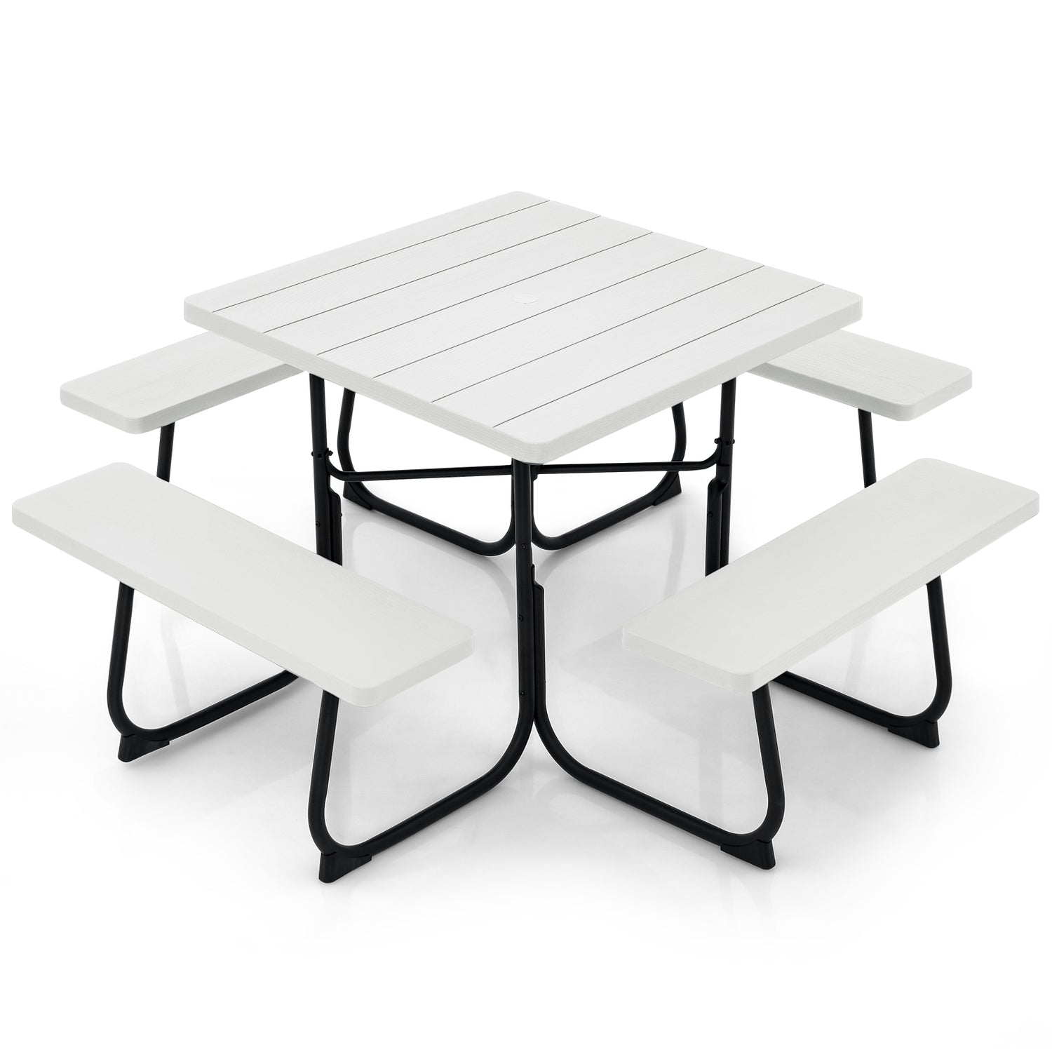 Outdoor Picnic Table with 4 Benches and Umbrella Hole