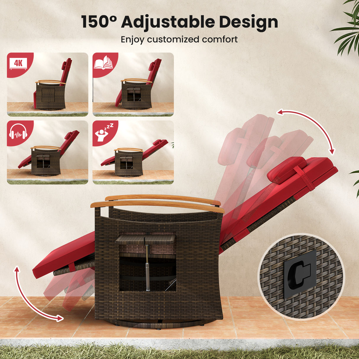 Patio Rattan 360° Swivel Recliner Chair with Adjustable Backrest and Footrest