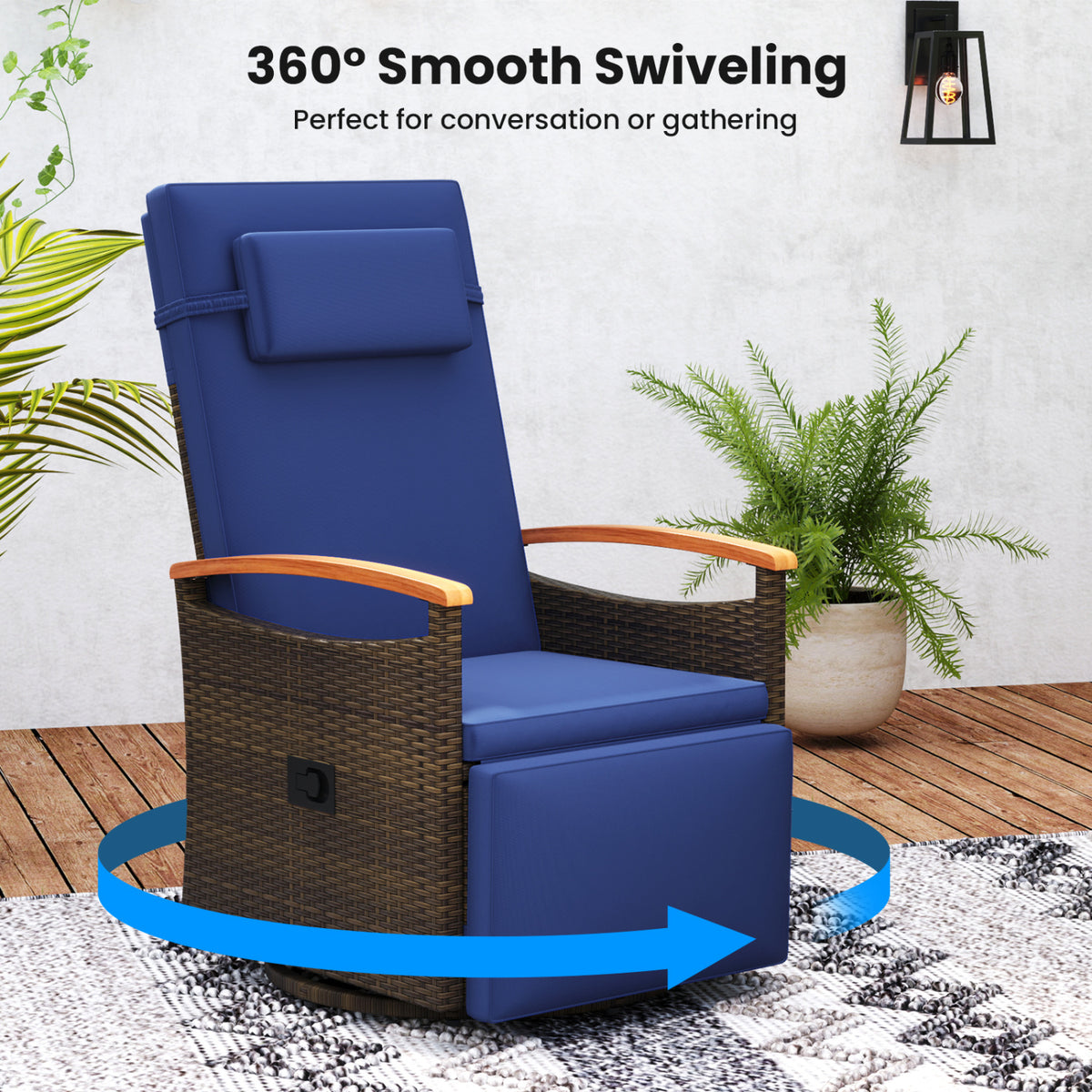 Set of 2 Patio Rattan 360Â° Swivel Recliner Chair with Adjustable Backrest and Footrest