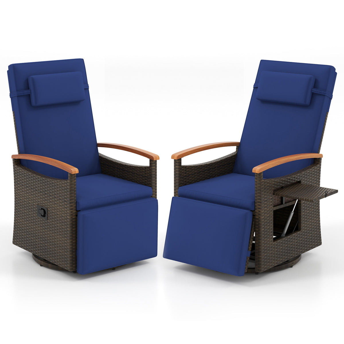 Set of 2 Patio Rattan 360Â° Swivel Recliner Chair with Adjustable Backrest and Footrest