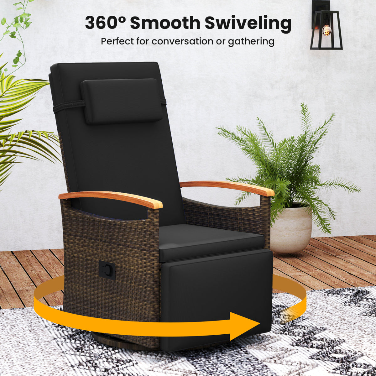 Set of 2 Patio Rattan 360Â° Swivel Recliner Chair with Adjustable Backrest and Footrest