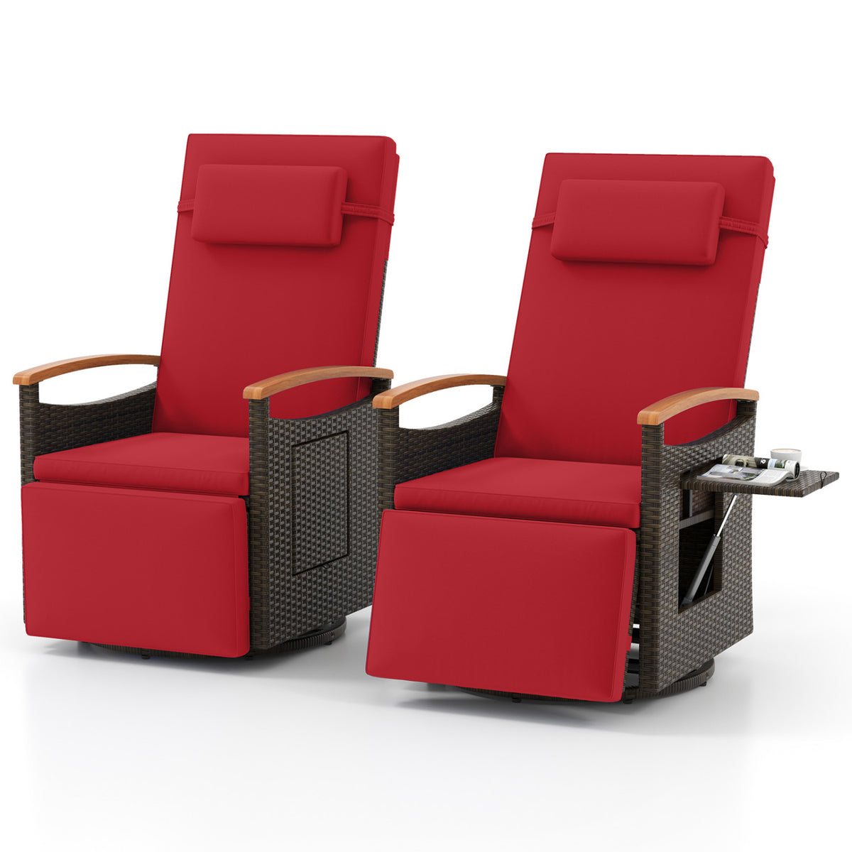 Set of 2 Patio Rattan 360Â° Swivel Recliner Chair with Adjustable Backrest and Footrest