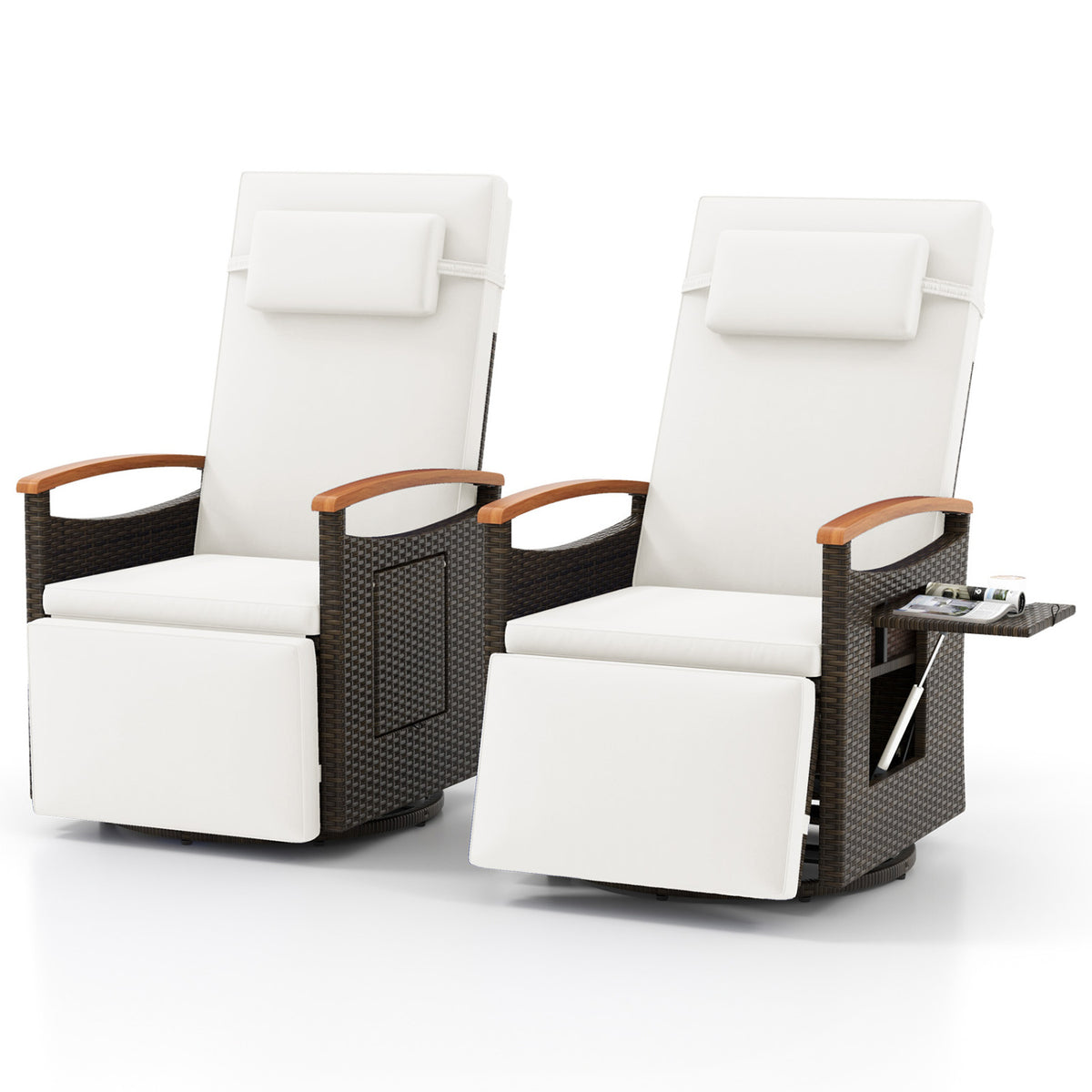 Set of 2 Patio Rattan 360Â° Swivel Recliner Chair with Adjustable Backrest and Footrest