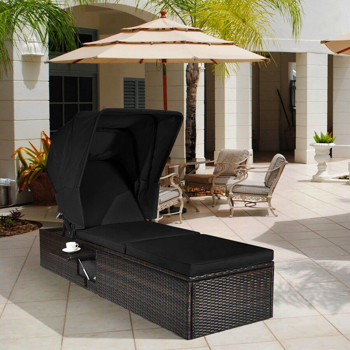 Chaise Cushioned Top Canopy Patio Rattan Lounge Chair with Tea Table