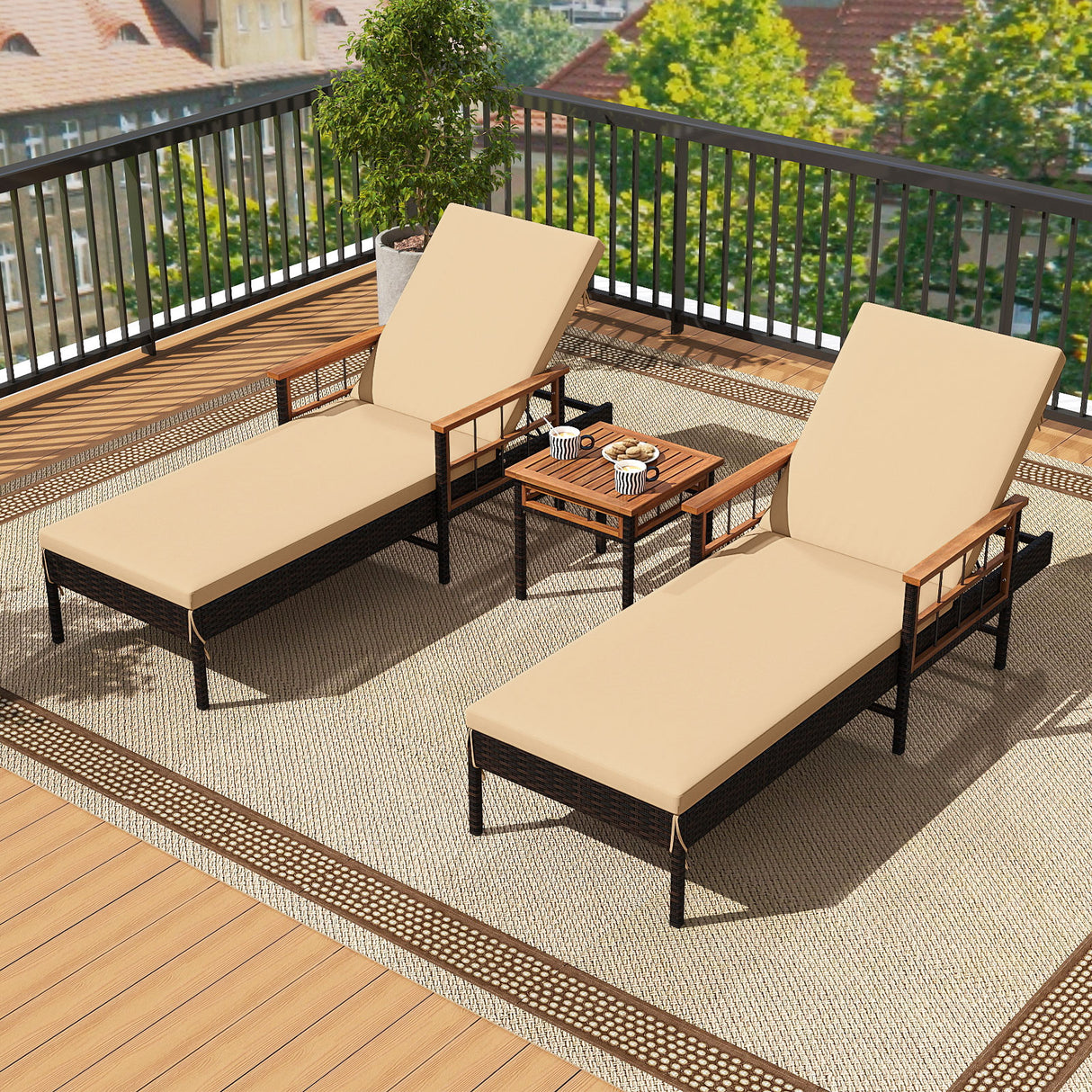 Patio Rattan Chaise Lounge with 4-Level Adjustable Backrest-Beige