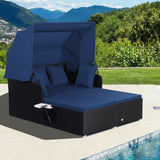 Patio Rattan Daybed with Retractable Canopy and Side Tables
