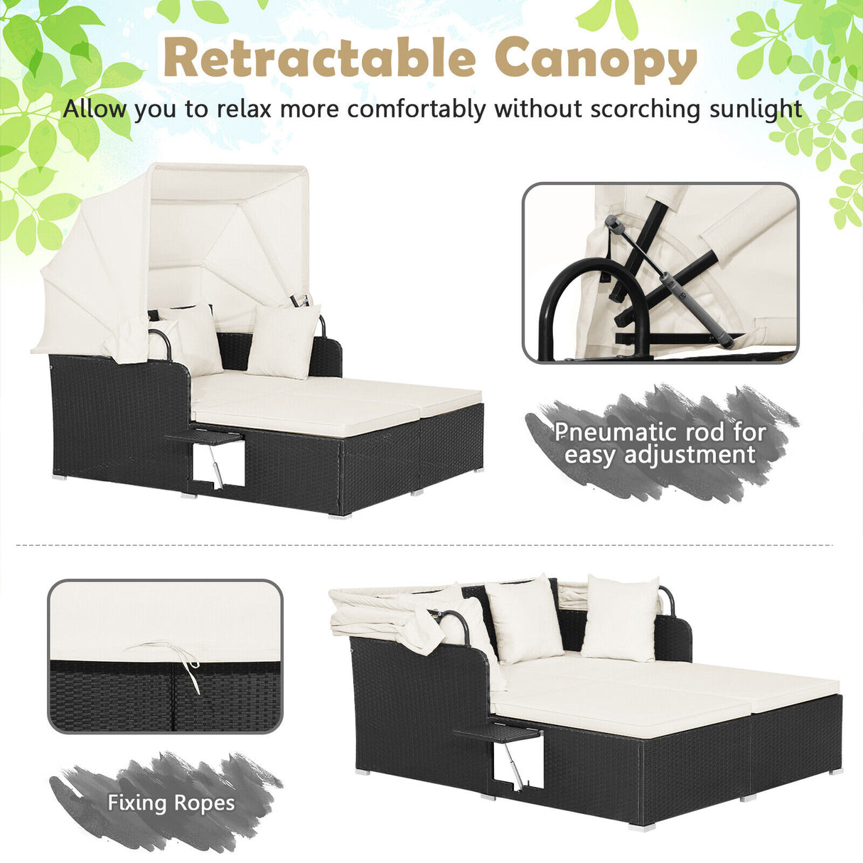 Patio Rattan Daybed with Retractable Canopy and Side Tables