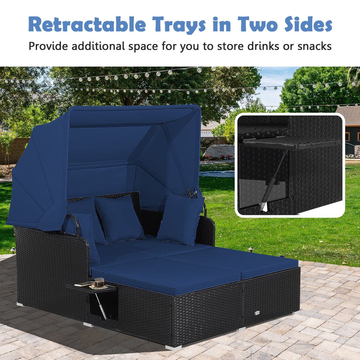 Patio Rattan Daybed with Retractable Canopy and Side Tables