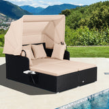 Patio Rattan Daybed with Retractable Canopy and Side Tables