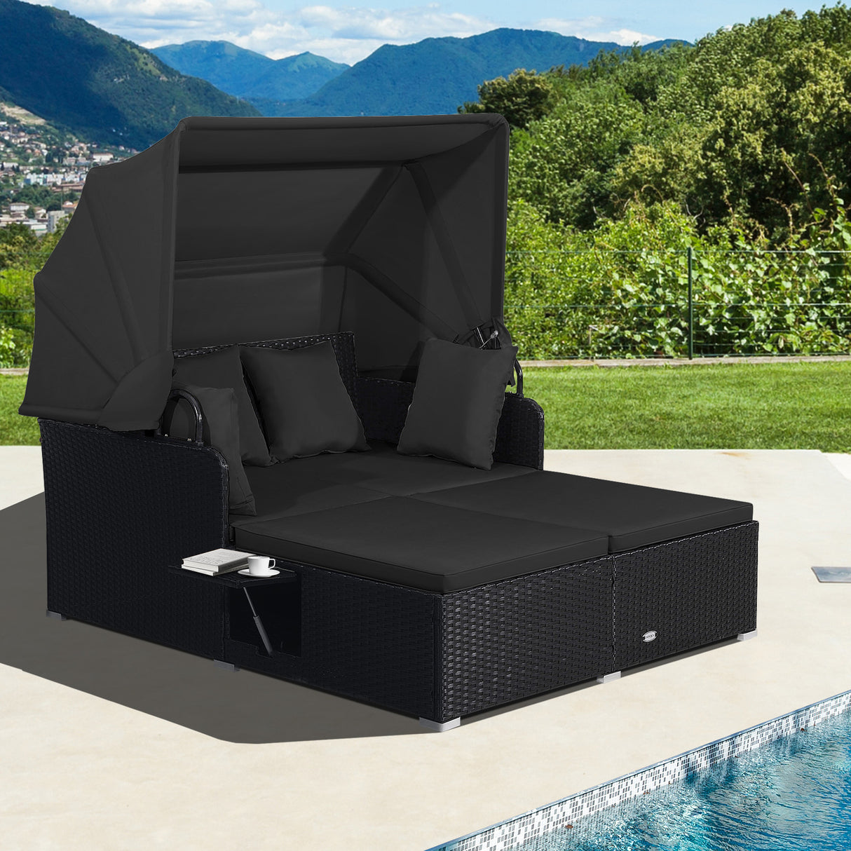 Patio Rattan Daybed with Retractable Canopy and Side Tables