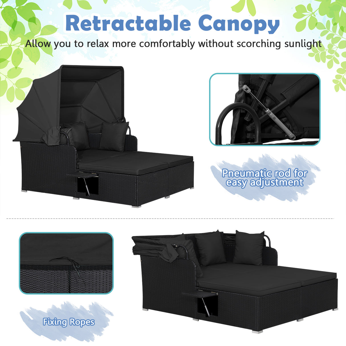 Patio Rattan Daybed with Retractable Canopy and Side Tables