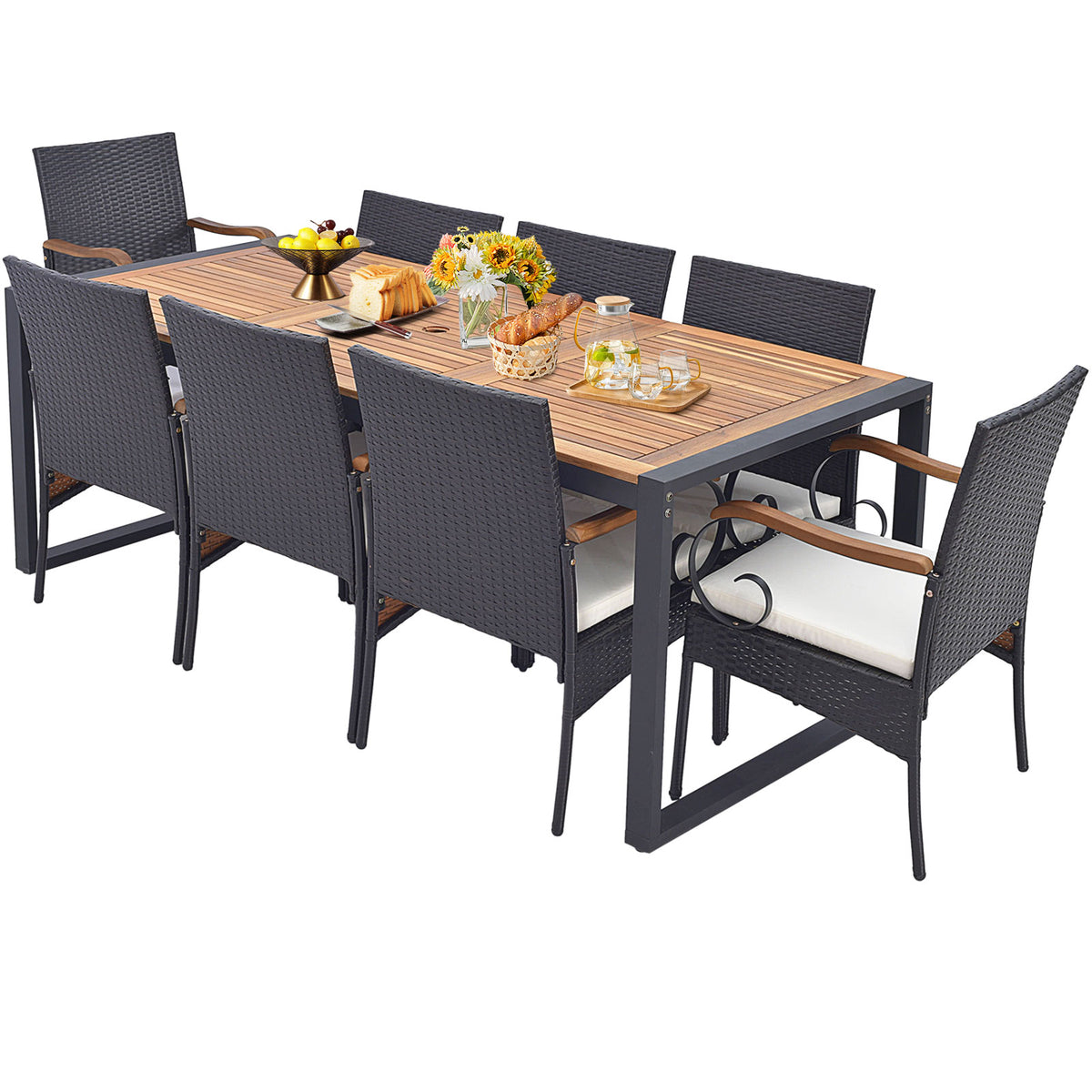 9 Pieces Patio Rattan Dining Set with Acacia Wood Table for Backyard Garden-L/Garden/Garden-X