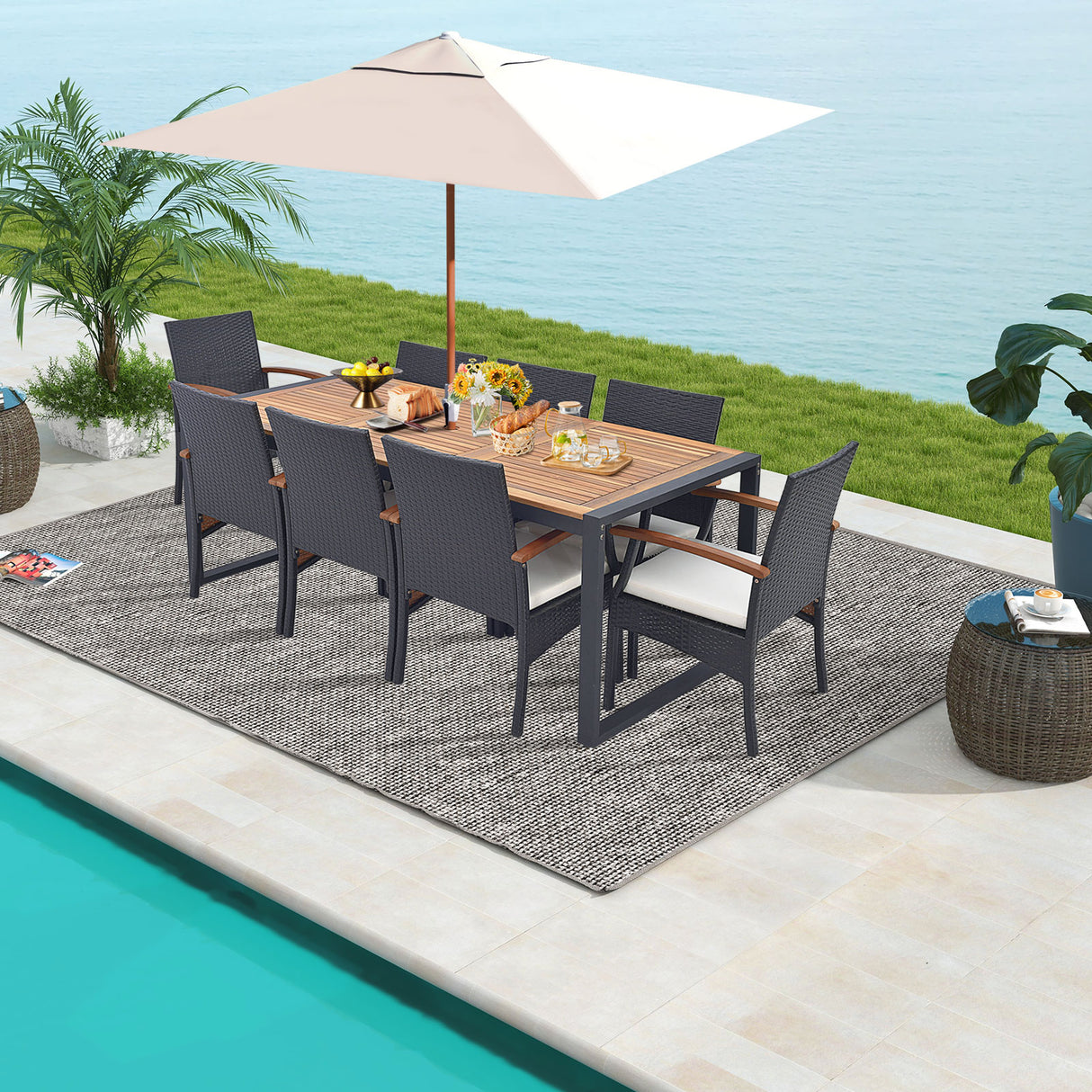 9 Pieces  Patio Rattan Dining Set with Acacia Wood Table for Backyard  Garden-L