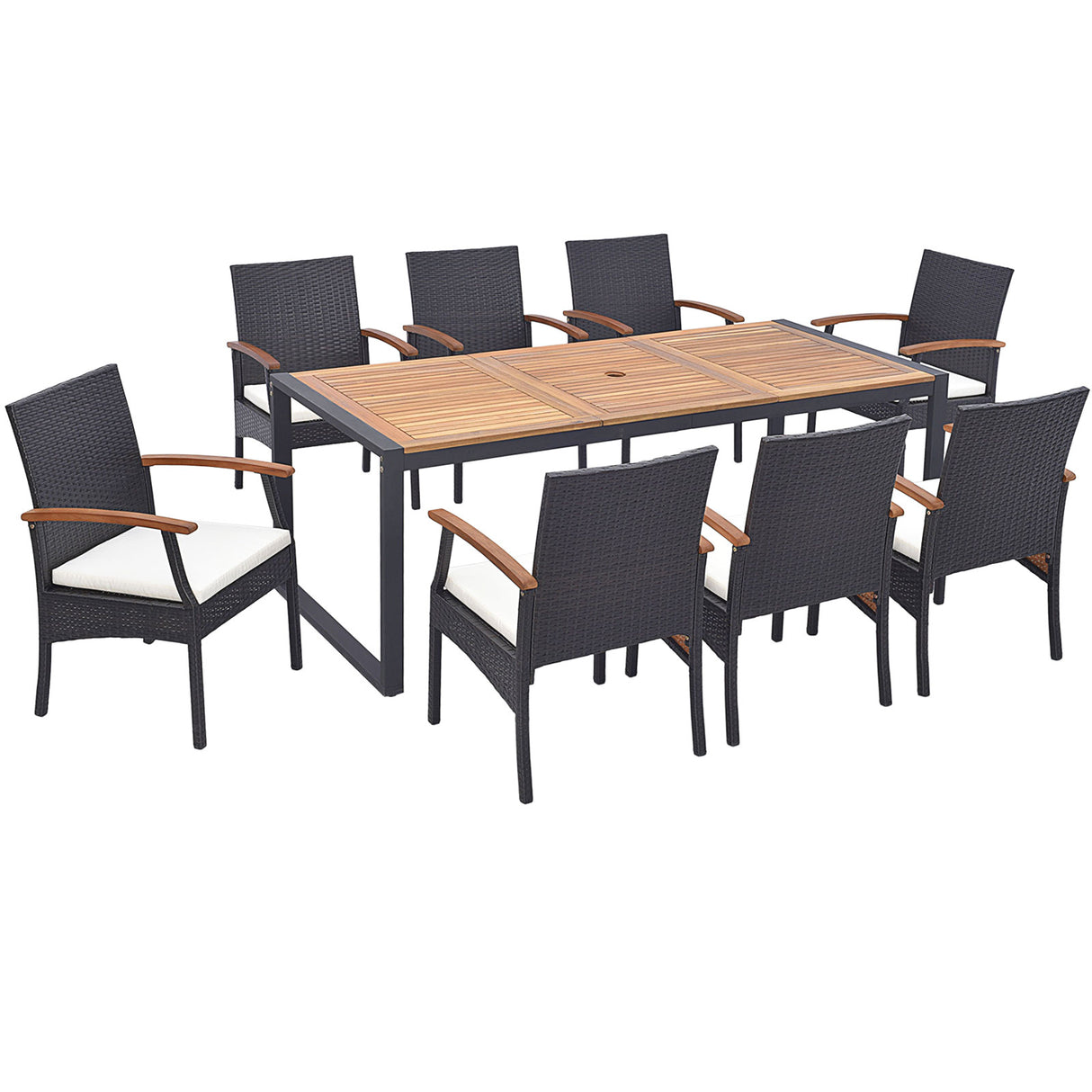 9 Pieces  Patio Rattan Dining Set with Acacia Wood Table for Backyard  Garden-L