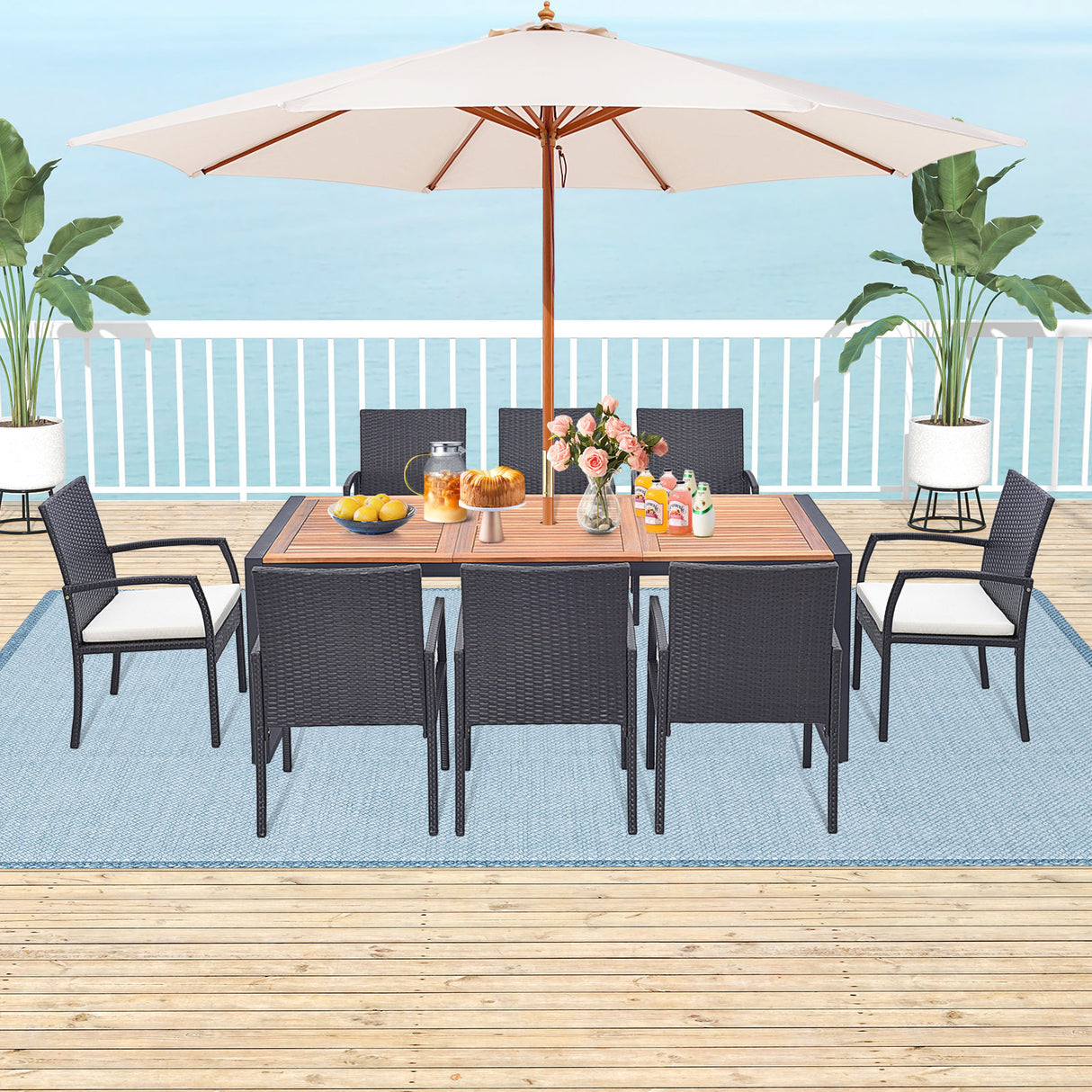 9 Pieces  Patio Rattan Dining Set with Acacia Wood Table for Backyard  Garden-L