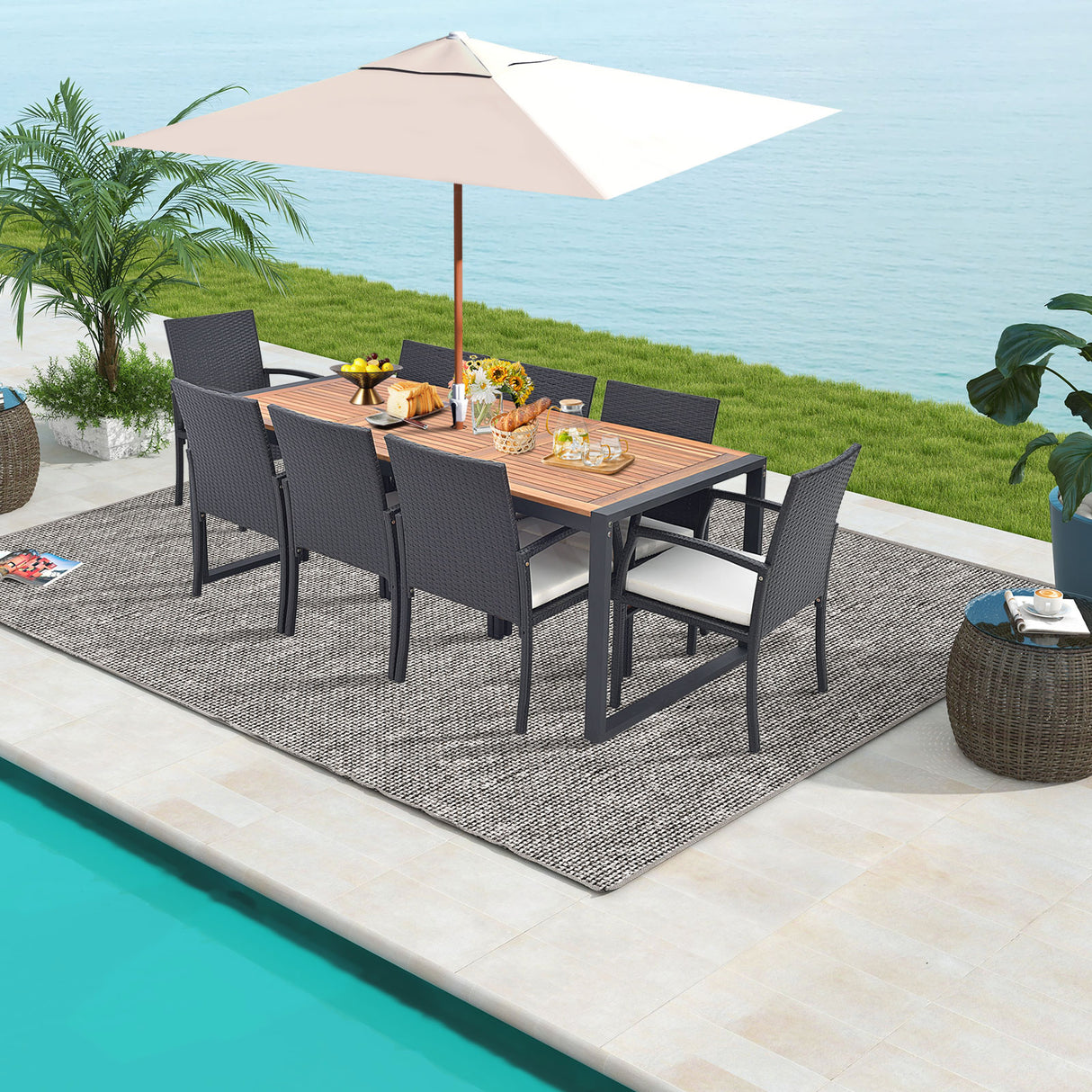 9 Pieces  Patio Rattan Dining Set with Acacia Wood Table for Backyard  Garden-L
