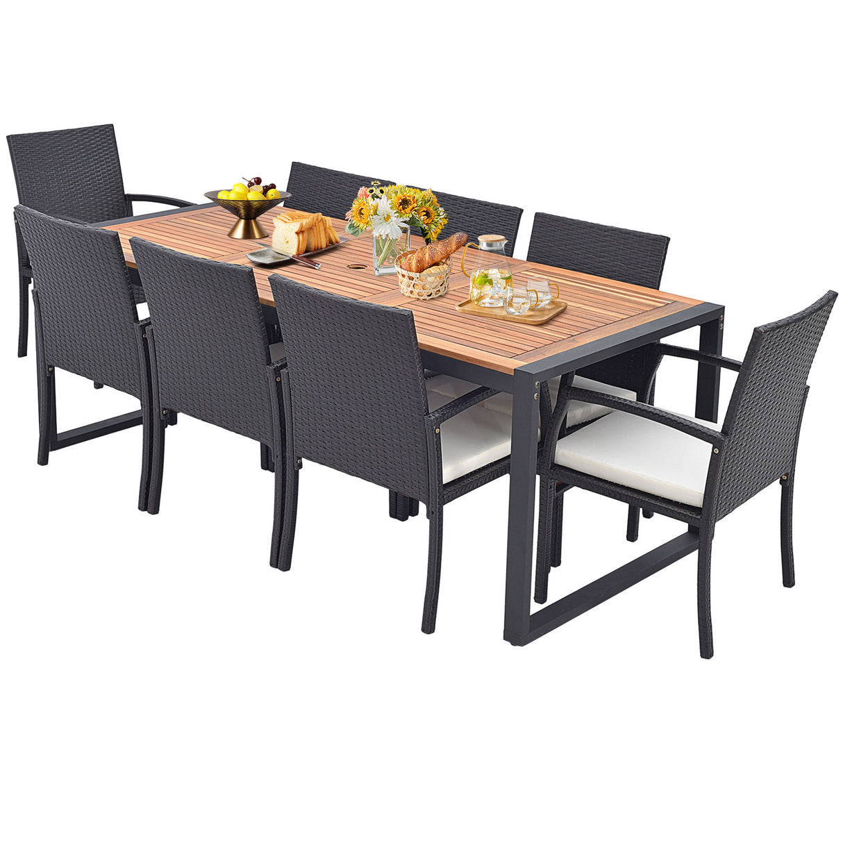 9 Pieces  Patio Rattan Dining Set with Acacia Wood Table for Backyard  Garden-L