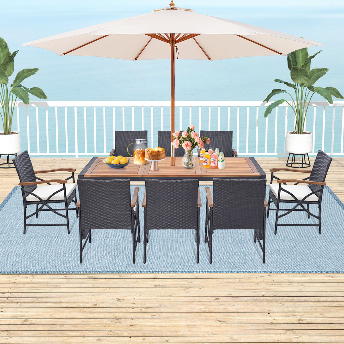 9 Pieces Patio Rattan Dining Set with Acacia Wood Table for Backyard Garden-L/Garden/Garden-X