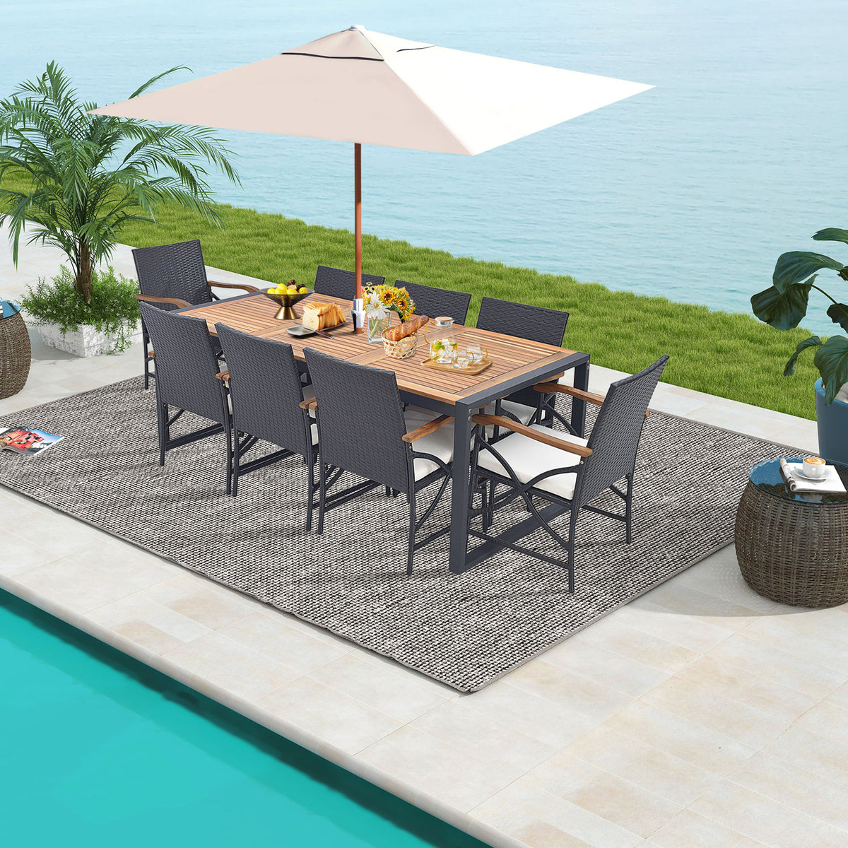 9 Pieces Patio Rattan Dining Set with Acacia Wood Table for Backyard Garden-L/Garden/Garden-X