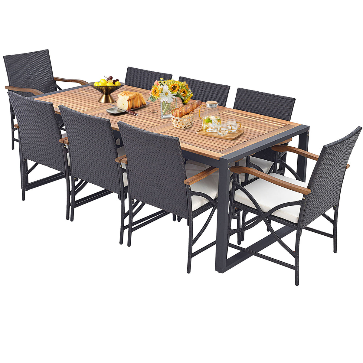 9 Pieces Patio Rattan Dining Set with Acacia Wood Table for Backyard Garden-L/Garden/Garden-X