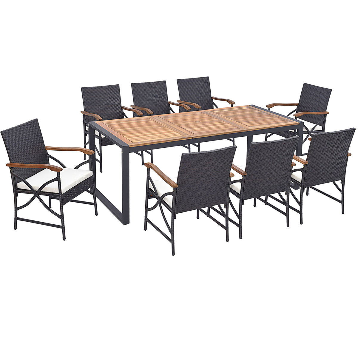 9 Pieces Patio Rattan Dining Set with Acacia Wood Table for Backyard Garden-L/Garden/Garden-X
