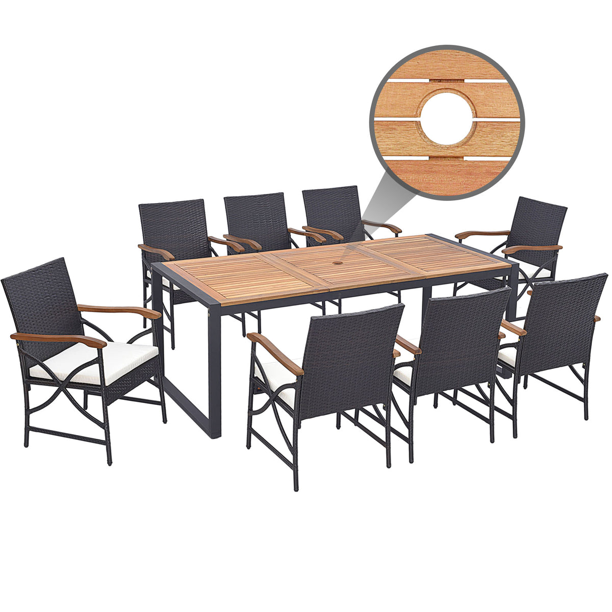 9 Pieces Patio Rattan Dining Set with Acacia Wood Table for Backyard Garden-L/Garden/Garden-X