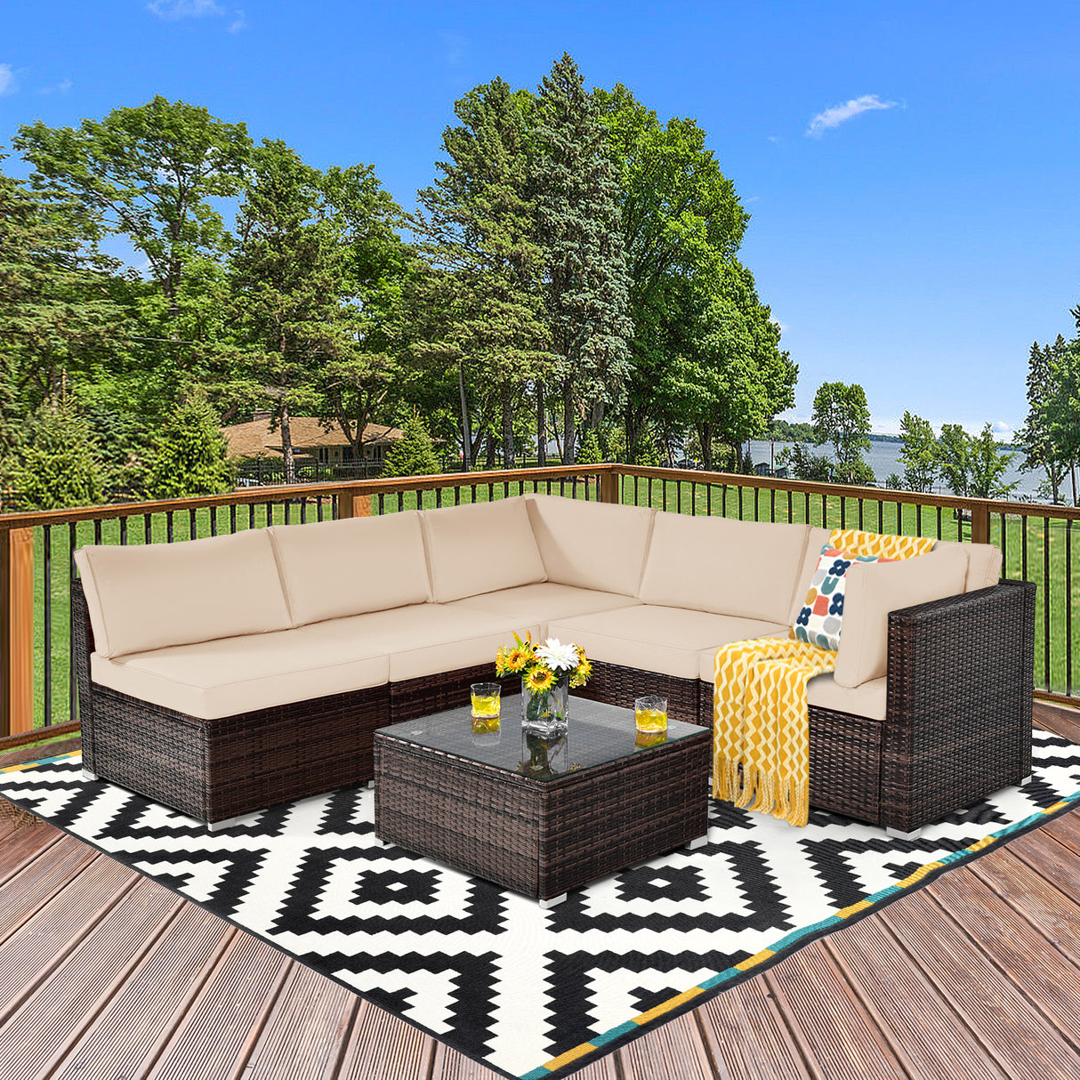 6 Pieces Patio Rattan Furniture Set with Cushions and Glass Coffee Table