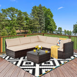 6 Pieces Patio Rattan Furniture Set with Cushions and Glass Coffee Table