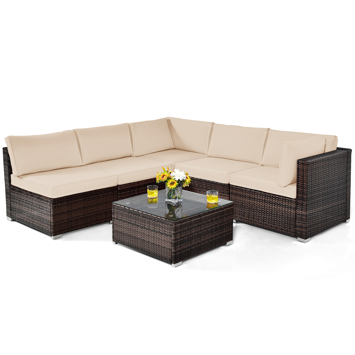 6 Pieces Patio Rattan Furniture Set with Cushions and Glass Coffee Table