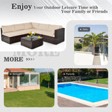 6 Pieces Patio Rattan Furniture Set with Cushions and Glass Coffee Table